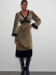 Monsoon Brown Jade Velvet Jacquard Midi Dress - Image 1 of 3