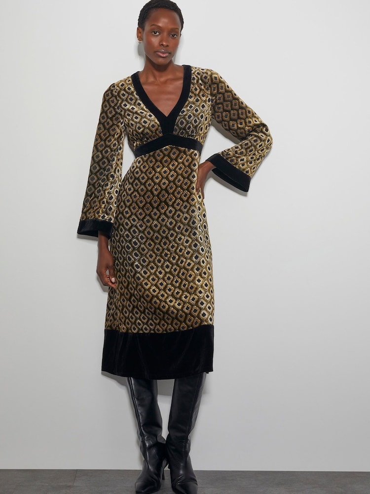 Monsoon Brown Jade Velvet Jacquard Midi Dress - Image 1 of 3