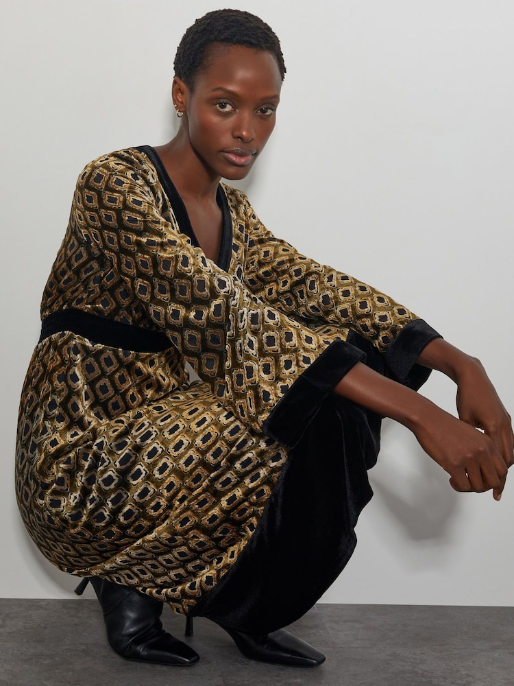 Monsoon Brown Jade Velvet Jacquard Midi Dress - Image 2 of 3 Monsoon Brown Jade Velvet Jacquard Midi Dress - Image 2 of 3