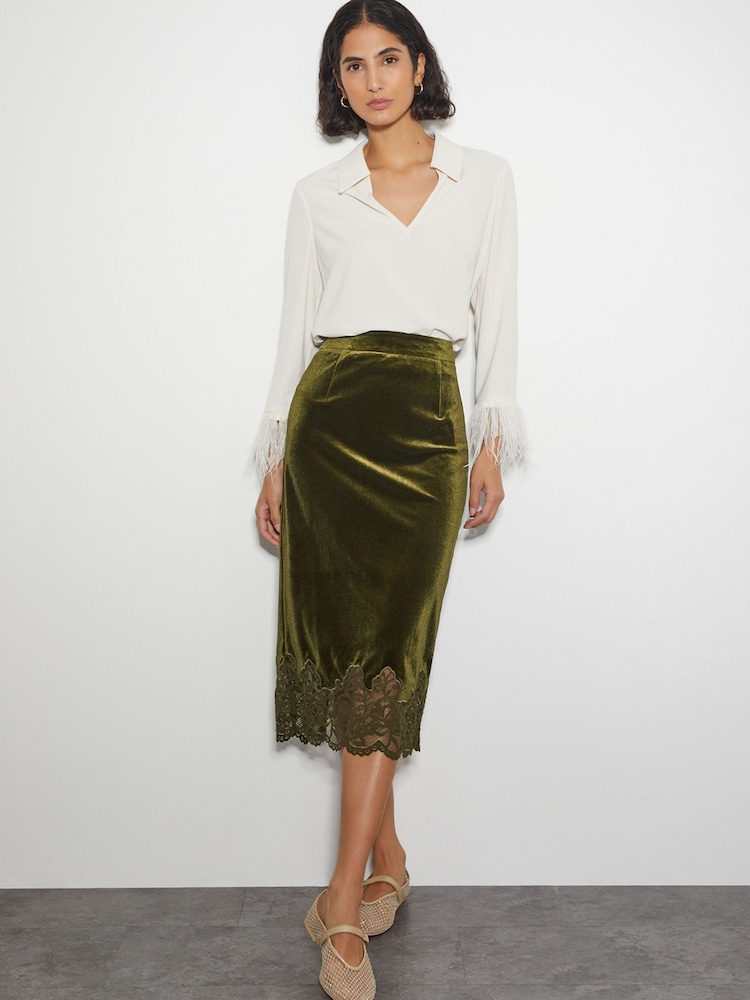 Monsoon Green Andi Velvet Lace Pencil Skirt - Image 1 of 5