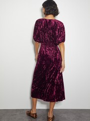 Monsoon Red Valle Puff Sleeve Velvet Midi Dress - Image 3 of 5