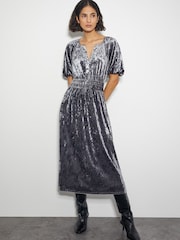 Monsoon Grey Valle Puff Sleeve Velvet Midi Dress - Image 1 of 4
