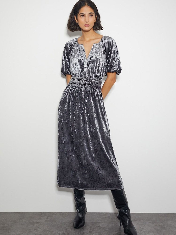 Monsoon Grey Valle Puff Sleeve Velvet Midi Dress - Image 1 of 4