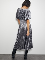 Monsoon Grey Valle Puff Sleeve Velvet Midi Dress - Image 2 of 4