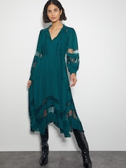 Monsoon Green Florence Lace Insert Pleated Midi Dress - Image 1 of 4
