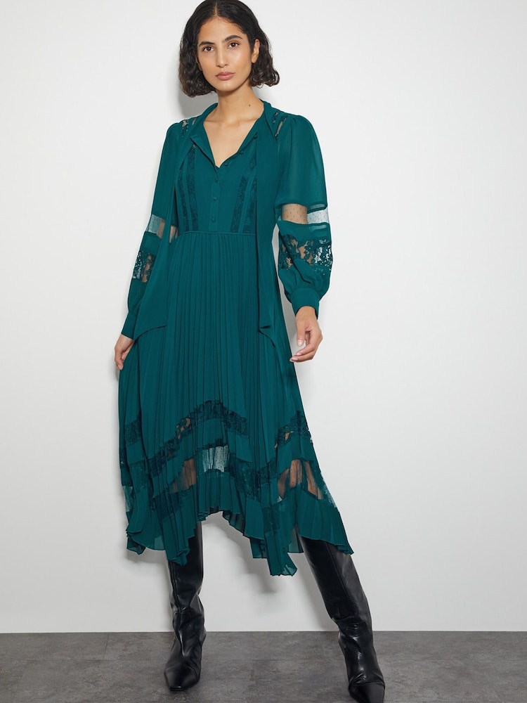 Monsoon Green Florence Lace Insert Pleated Midi Dress - Image 1 of 4
