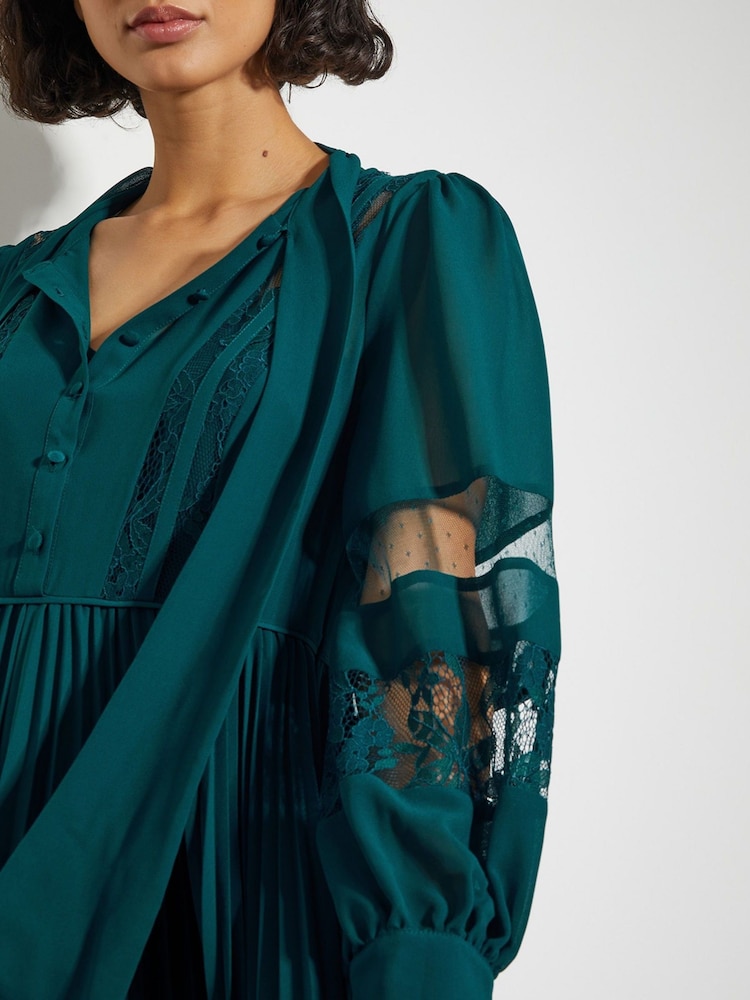 Monsoon Green Florence Lace Insert Pleated Midi Dress - Image 2 of 4