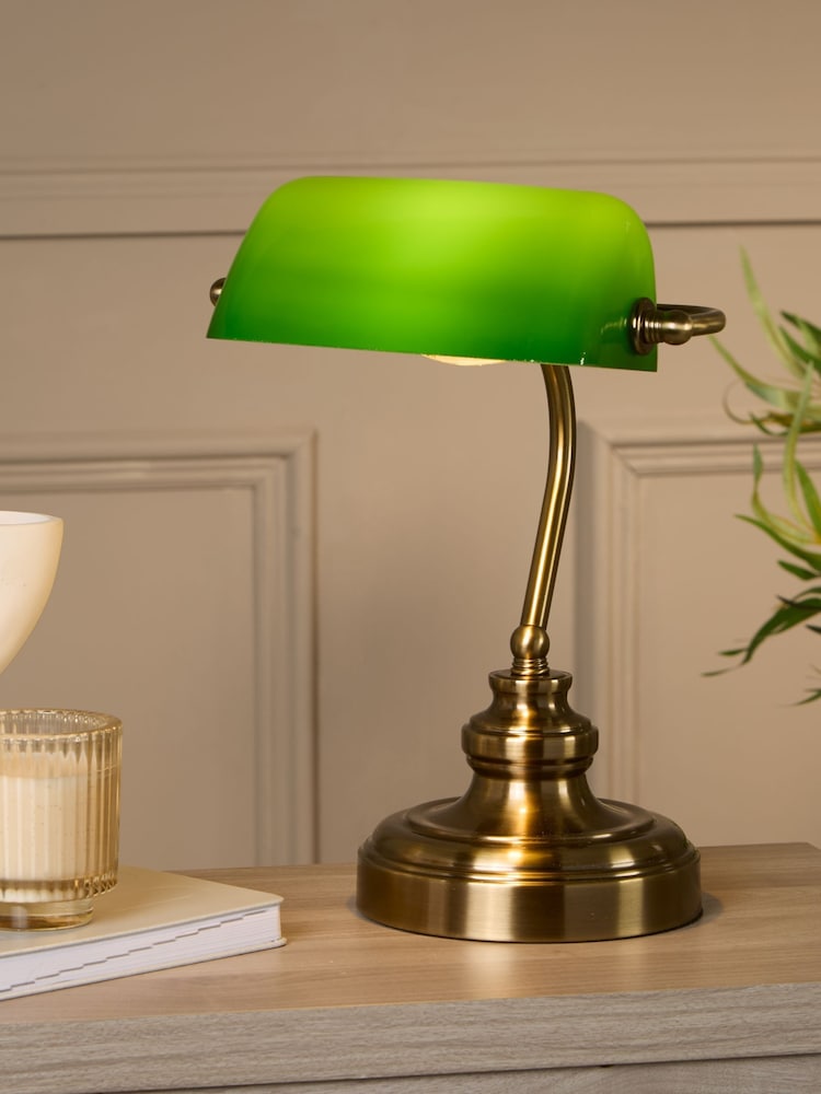 Searchlight Antique Brass and Green Emerald Bankers Table Lamp - Image 1 of 4