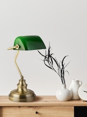Searchlight Antique Brass and Green Emerald Bankers Table Lamp - Image 2 of 4