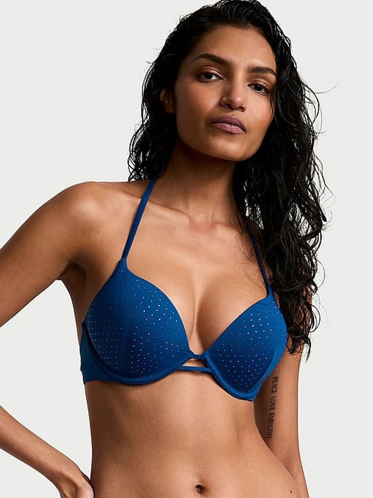 Victoria's Secret Sapphire Blue Diamante Add 2 Cups Push Up Bikini Top - Image 1 of 4
