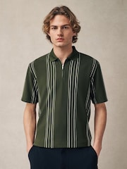 Оливково-зеленые - Вертикаль в полоску Quarter Zip рубашки поло - Image 1 of 7