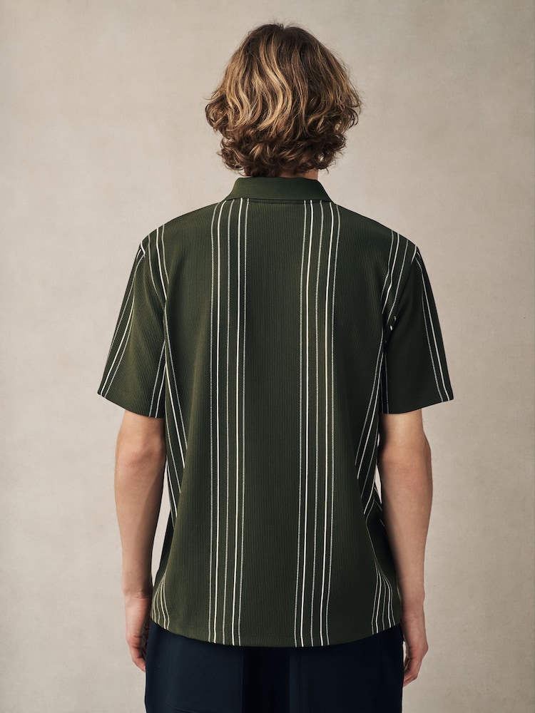 Olive Green Vertical Stripe Quarter Zip Polo Shirt - Image 3 of 7