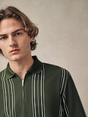 Оливково-зеленые - Вертикаль в полоску Quarter Zip рубашки поло - Image 4 of 7