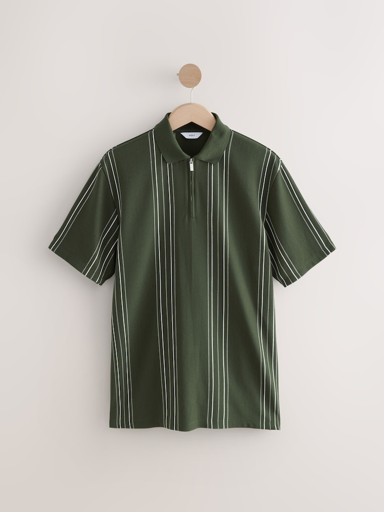 Olive Green Vertical Stripe Quarter Zip Polo Shirt - Image 5 of 7
