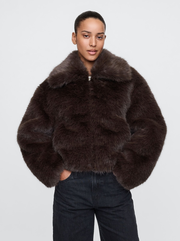 Gap Brown Cropped Faux Fur Jacket - Image 1 of 5