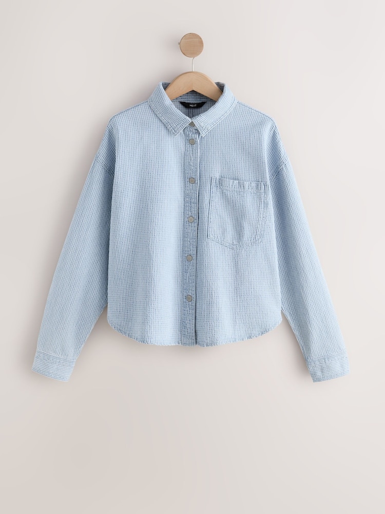 Mid Blue Check Oversize Denim Shirt - Image 1 of 3 Mid Blue Check Oversize Denim Shirt - Image 1 of 3