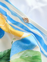 White/Blue Stripe Lemon Print Bandeau Ruched Leg Tummy Control Shaping Swimsuit - Image 10 of 10