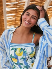 White/Blue Stripe Lemon Print Bandeau Ruched Leg Tummy Control Shaping Swimsuit - Image 4 of 6