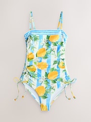 White/Blue Stripe Lemon Print Bandeau Ruched Leg Tummy Control Shaping Swimsuit - Image 7 of 10