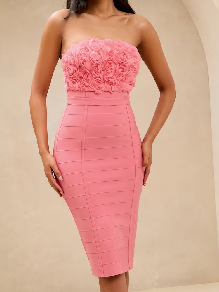Lipsy Pink Premium Bandage 3D Flower Midi Dress - Image 3 of 4