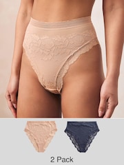 Praline Nude/Navy High Rise High Leg Lace Knickers 2 Pack - Image 1 of 9