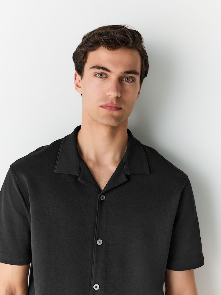 Black Relaxed Fit Smart Cuban Collar Jersey Shirt - Image 1 of 7 Black Relaxed Fit Smart Cuban Collar Jersey Shirt - Image 1 of 7