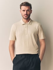 Neutral Brown Signature Polo Shirt With Linen - Image 4 of 7