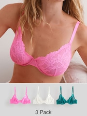 Cream/Pink/Green Non Pad Full Cup Lace Bras 3 Pack - Image 1 of 14