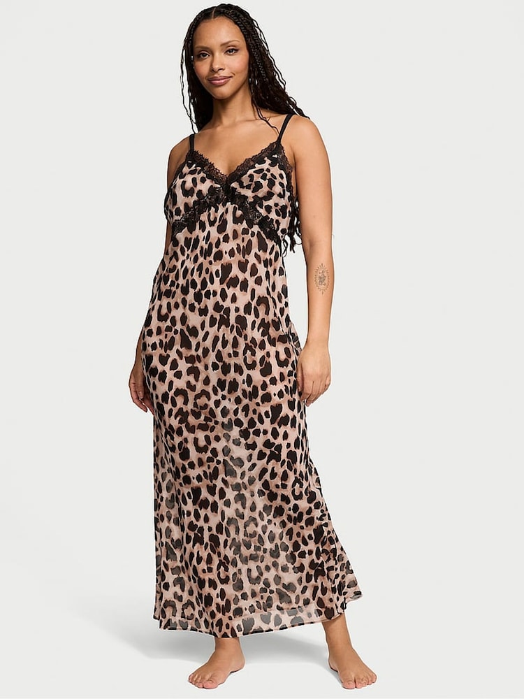 Victoria's Secret Leopard Brown Chiffon Long Slip Dress - Image 1 of 1
