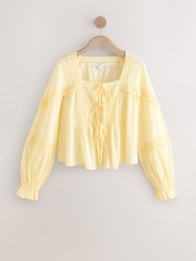 Yellow 100% Cotton Prairie Style Long Sleeve Blouse with Adjustable Tie - Image 1 of 3