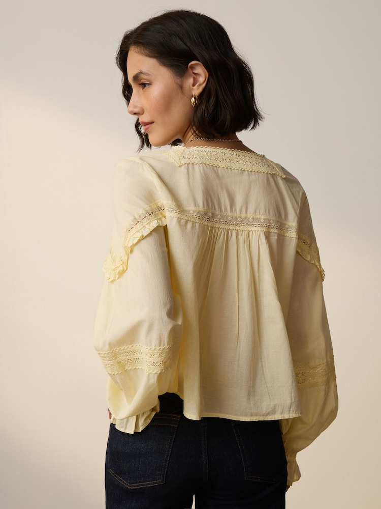 Gelb - 100% Cotton Prairie Style Long Sleeve Blouse with Adjustable Tie - Bild 2 von 7 Gelb - 100% Cotton Prairie Style Long Sleeve Blouse with Adjustable Tie - Bild 2 von 7