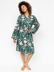 Cyberjammies Green Emerald Flamingo Print Short Dressing Gown - Image 1 of 3