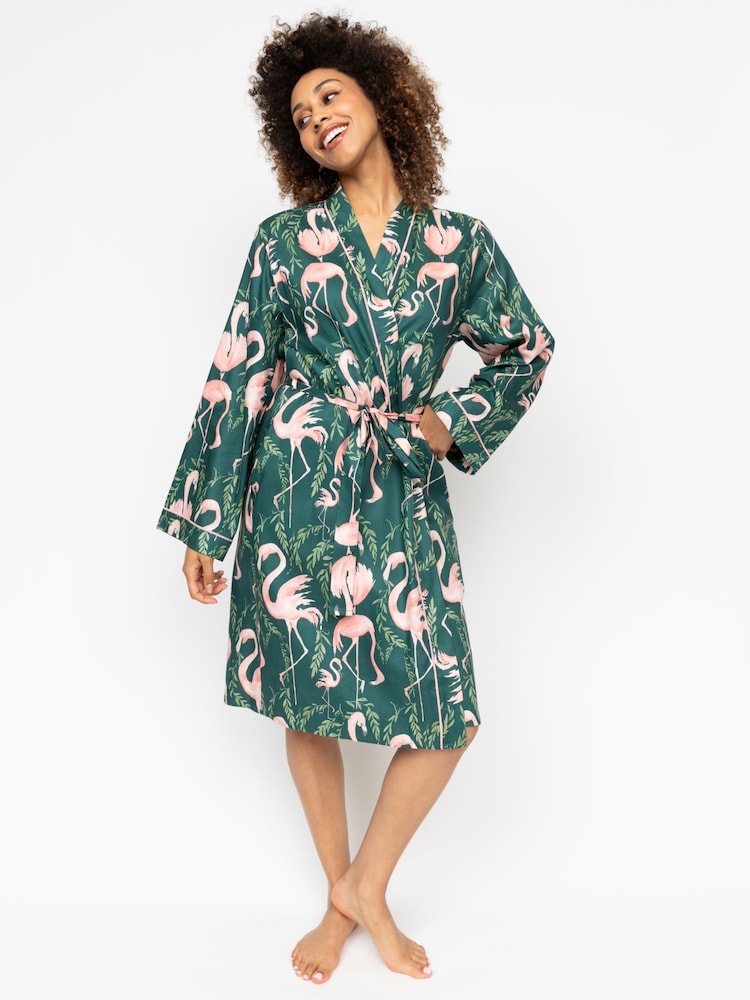 Cyberjammies Green Emerald Flamingo Print Short Dressing Gown - Image 1 of 3