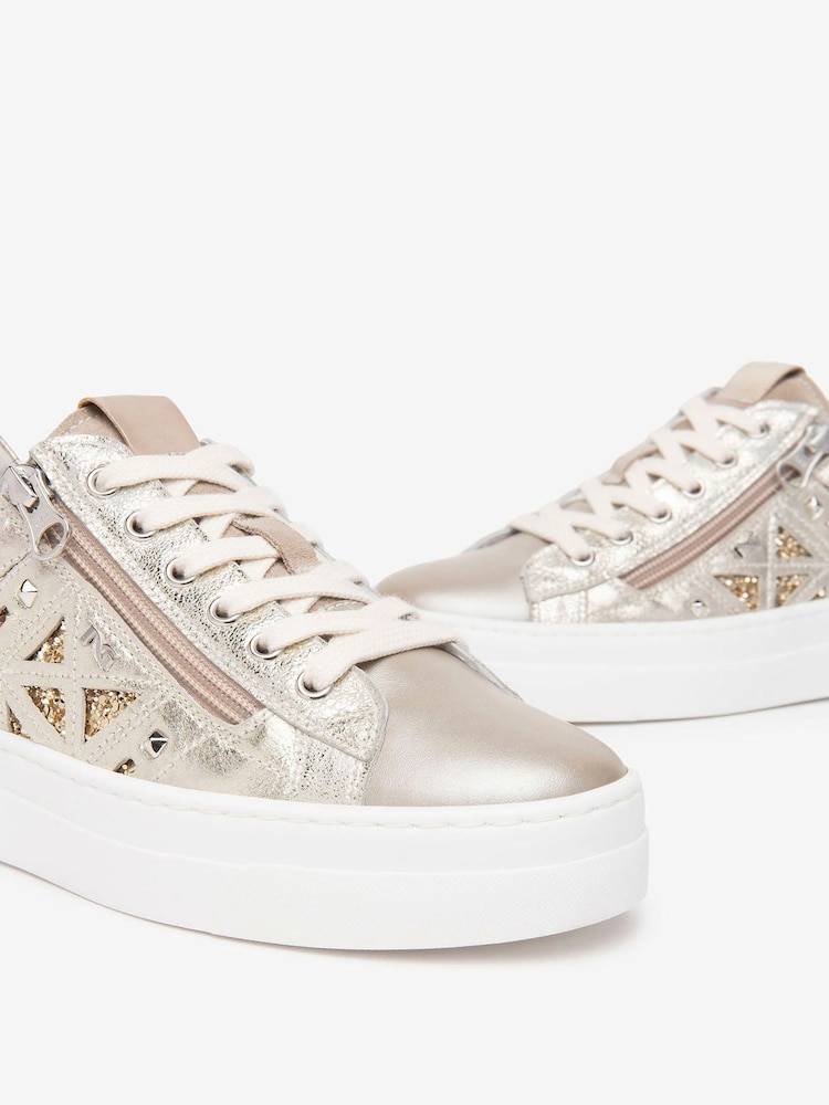 NeroGiardini Silver Leather Laser Cut Platform Trainers - Image 4 of 6
