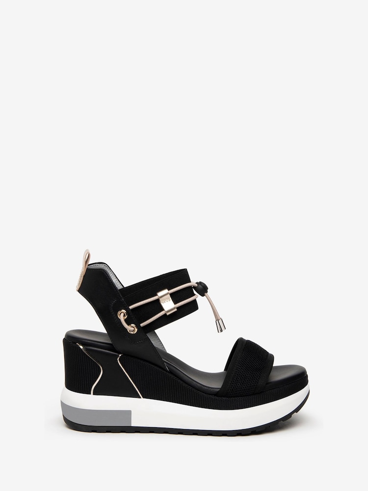NeroGiardini Black Leather Woven Wedge Sandals - Image 2 of 5