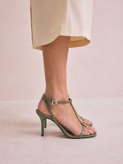 Khaki Green Signature Premium Leather Skinny Strap Heeled Sandals - Image 2 of 11