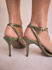 Khaki Green Signature Premium Leather Skinny Strap Heeled Sandals - Image 5 of 11