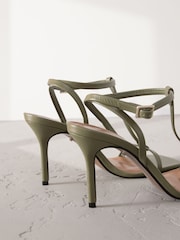 Khaki Green Signature Premium Leather Skinny Strap Heeled Sandals - Image 9 of 11
