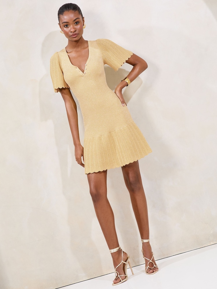 Lipsy Yellow Petite Knitted Metallic Sparkle V-Neck Flute Sleeve Mini Dress - Image 1 of 4