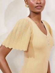 Lipsy Yellow Petite Knitted Metallic Sparkle V-Neck Flute Sleeve Mini Dress - Image 2 of 4