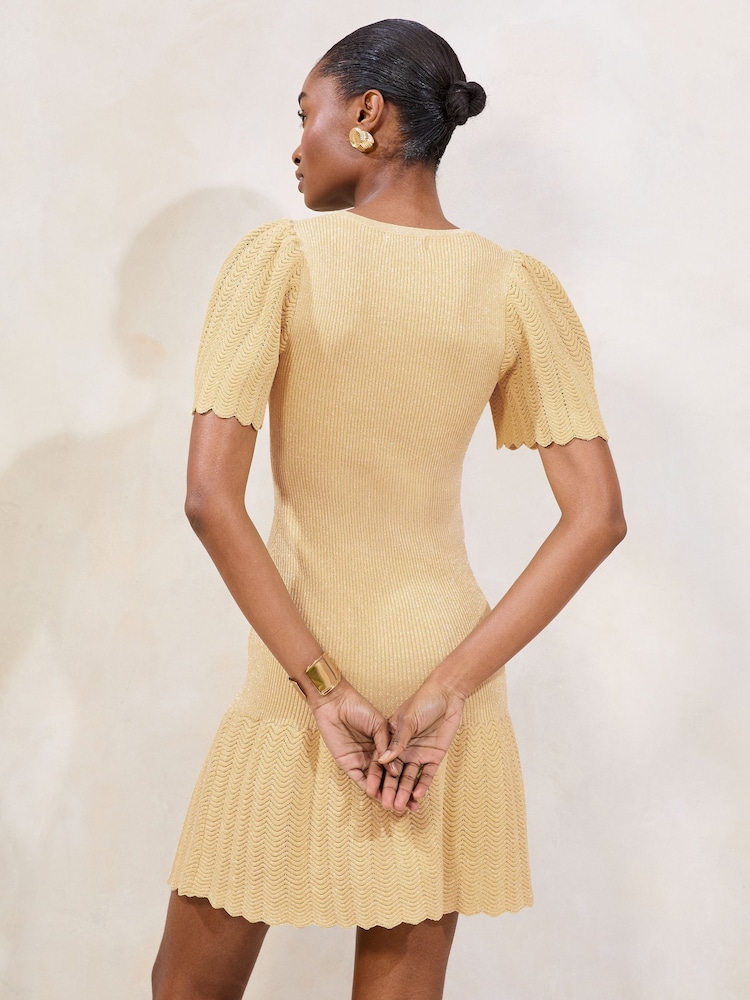 Lipsy Yellow Petite Knitted Metallic Sparkle V-Neck Flute Sleeve Mini Dress - Image 2 of 4