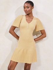 Lipsy Yellow Petite Knitted Metallic Sparkle V-Neck Flute Sleeve Mini Dress - Image 3 of 4