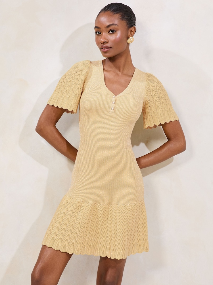 Gelb - Lipsy Knitted Metallic Sparkle V-Neck Flute Sleeve Mini Dress - Image 3 of 4