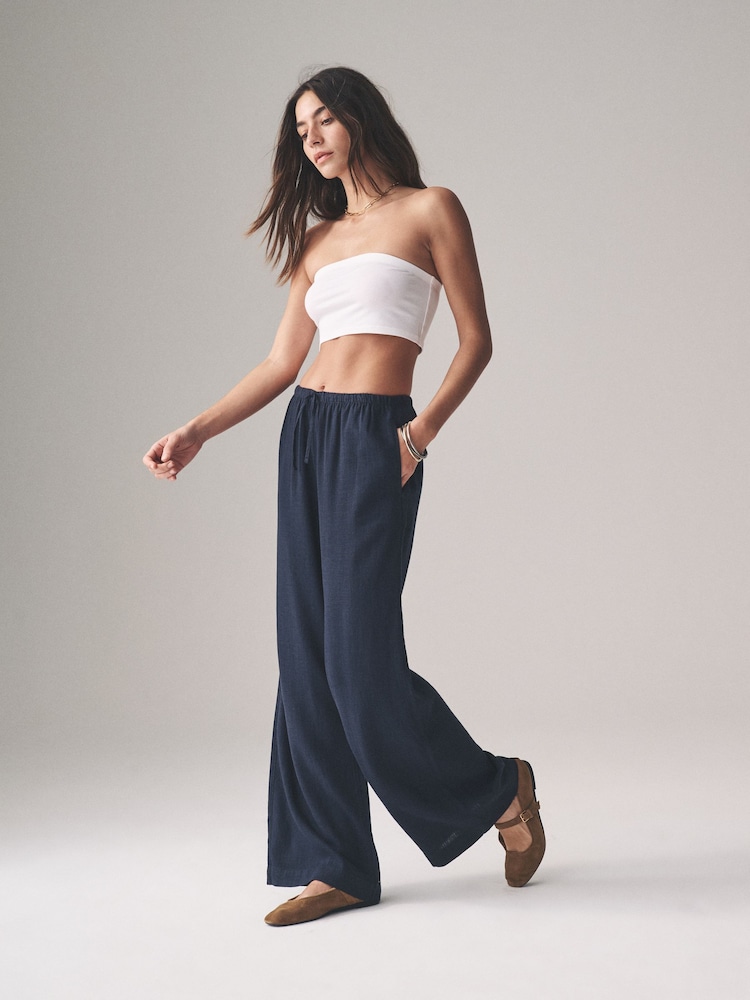 The Set Navy/White/Pink Stripe Pull On Wide Leg Trousers 3 Pack With Linen - Image 2 of 8
