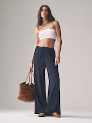 The Set Navy/White/Pink Stripe Pull On Wide Leg Trousers 3 Pack With Linen - Image 6 of 8
