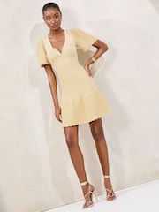 Lipsy Buttermilk Yellow Knitted Metallic Sparkle V-Neck Flute Sleeve Mini Dress - Image 3 of 6
