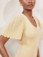 Lipsy Buttermilk Yellow Knitted Metallic Sparkle V-Neck Flute Sleeve Mini Dress - Image 4 of 6