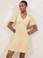 Lipsy Buttermilk Yellow Knitted Metallic Sparkle V-Neck Flute Sleeve Mini Dress - Image 5 of 6