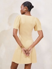Lipsy Buttermilk Yellow Knitted Metallic Sparkle V-Neck Flute Sleeve Mini Dress - Image 6 of 6