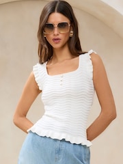 Lipsy Ivory Wave Stitch Frill Ruffle Shell Button Square Neck Knit Vest Top - Image 1 of 4